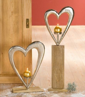 Gilde Alu Standrelief Herz Kerzenleuchter silber auf Mangoholz Sockel L= 10 cm B= 29 cm H= 85cm