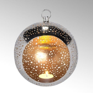 Lambert Pollux Teelichthalter Eisen geätzt rund außen vernickelt/ innen gold groß hängend H18 D16,5cm 46048