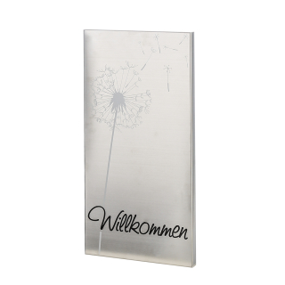 Casablanca Wandschild Willkommen  Edelstahl . 50 x 25 cm mit aufgedrucktem Schriftzug und Pusteblume (schwarz/weiß) - Outdoor geeignet - 50215