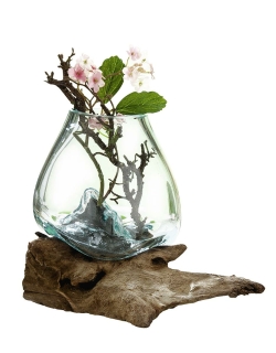 Gilde Vase auf Ast Klarglas auf Naturholz, Vase ca. 16 x 16 cm  Der Holzsockel besteht aus "Kaffeeholz" und wird aus den Wurzeln und dem Stamm von Kaffeesträuchern gewonnen. L= 18,0 cm B= 28,0 cm H= 21,0 cm 99022