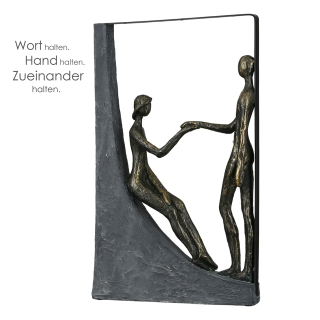 Casablanca Skulptur "Holding Hands" Poly . bronzefarbenes Pärchen graue Basis mit Spruchanhänger H: 37 cm B: 22 cm T: 6.50cm 89268