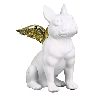 Casablanca Figur "Flying Bulli" Poly . weiß / goldfarben Hund . matt weiß mit Flügeln . goldfarben glänzend H: 25 cm B: 14 cm T: 20cm 89333