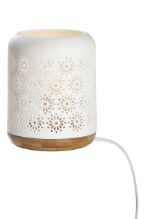 Gilde Lampe Zylinder "Blume" weiß, mit Sockel in Holzoptik Fassung E14, max. 40 Watt, 220-240 Volt H: 17.50 cm Ø 13 cm 32267