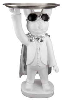 Gilde Hund "Hero Dog" mit Tablett weiß, stehend mit silberfarbener Brille und Umhang, Tablett aus Metall H: 31 cm B: 13 cm T: 10 cm 37620