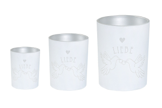 Gilde Windlicht "Hochzeit" weiß/silberfarben, mit Tauben und Schriftzug "Liebe" H: 18 cm Ø 12 cm 50716